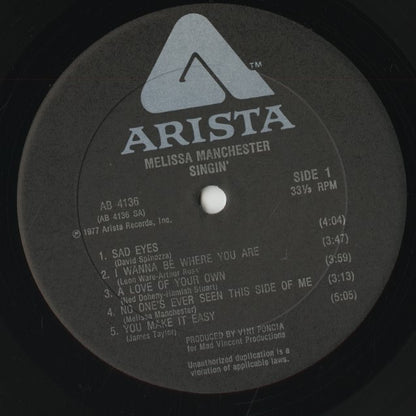 Melissa Manchester - Singin' (AL 4136) LP 1977 US Arista｜中古LP