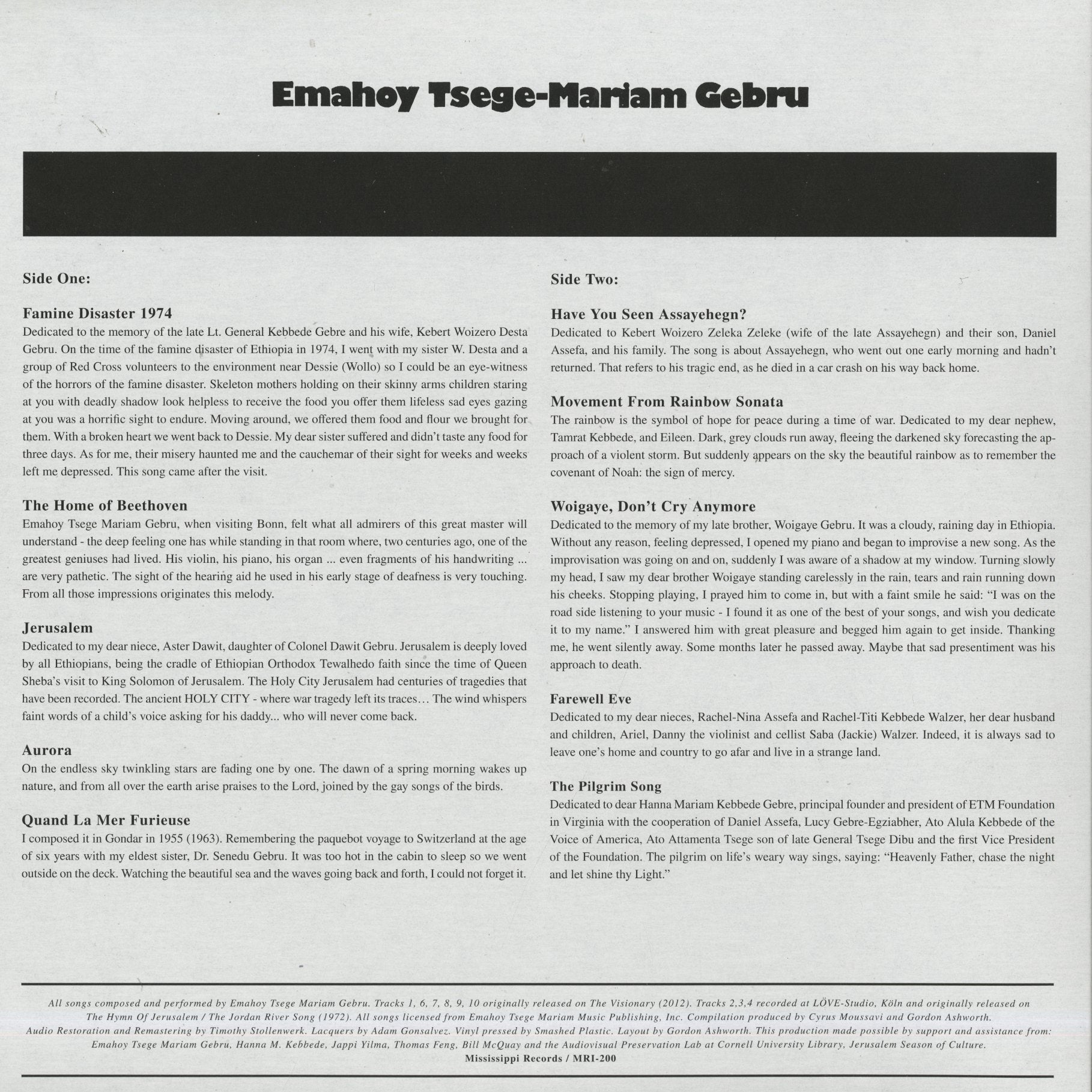 Emahoy Tsege Mariam Gebru Jerusalem MRI-200 LP 2023 USA Mississippi Records back