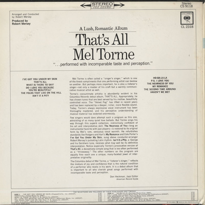 Mel Torme / メル・トーメ / That's All (CL2318)