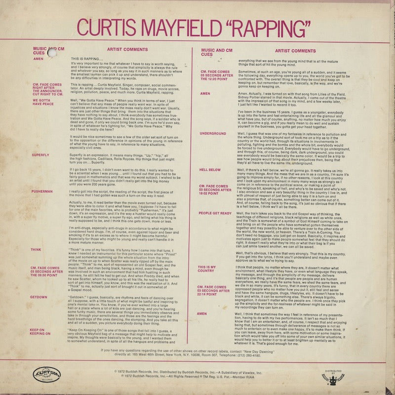 Curtis Mayfield / カーティス・メイフィールド / Rapping (Special Promotional Radio Show) (CRS-SP)