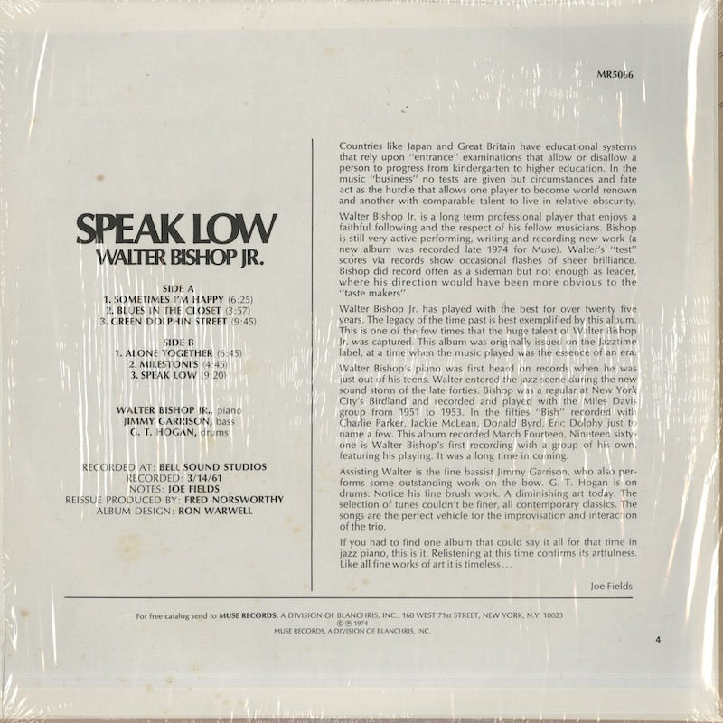 Walter Bishop Jr. / ウォルター・ビショップ・ジュニア / Speak Low (MR5066)