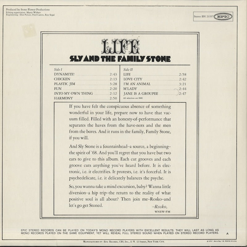 Sly & The Family Stone / スライ・アンド・ザ・ファミリー・ストーン / Life (BN26397)