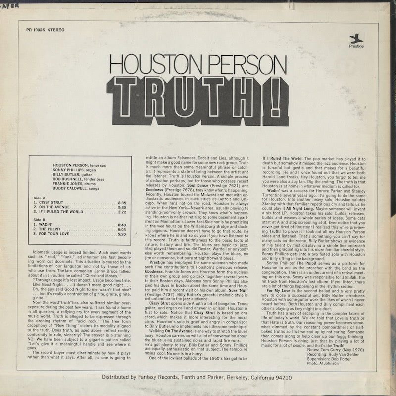 Houston Person / ヒューストン・パーソン / Truth! (PR10026)
