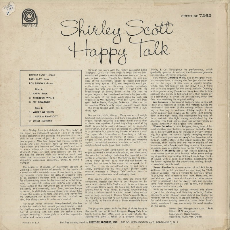 Shirley Scott / シャーリー・スコット / Happy Talk (PRST7262)