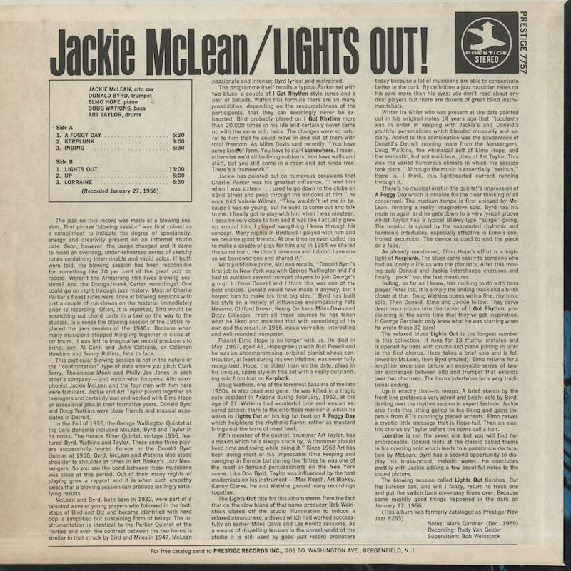 Jackie McLean / ジャッキー・マクリーン / Lights Out (PRT7757)