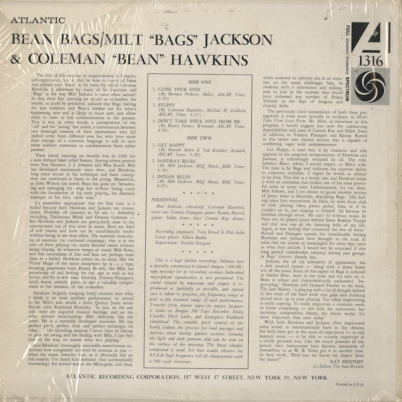 Milt Jackson / Coleman Hawkins / ミルト・ジャクソン　コールマン・ホーキンス / Bean Bags (1316)