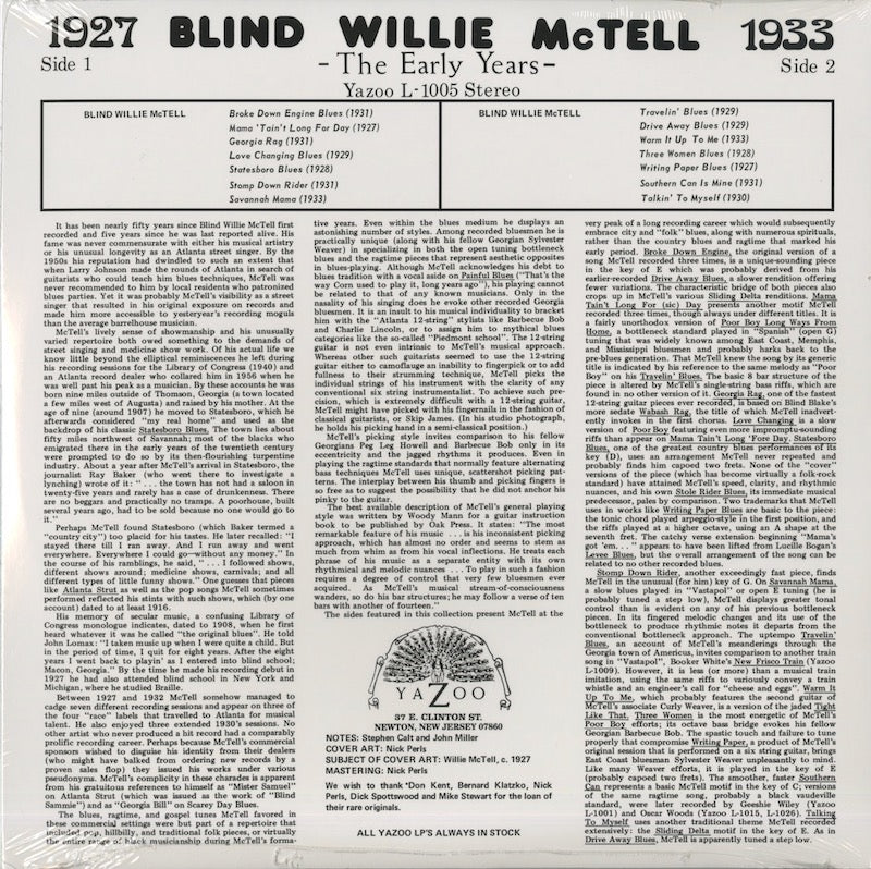 Blind Willie McTell / ブラインド・ウィリー・マクテル / 1927 -1933 The Early Years (YAZ1005)