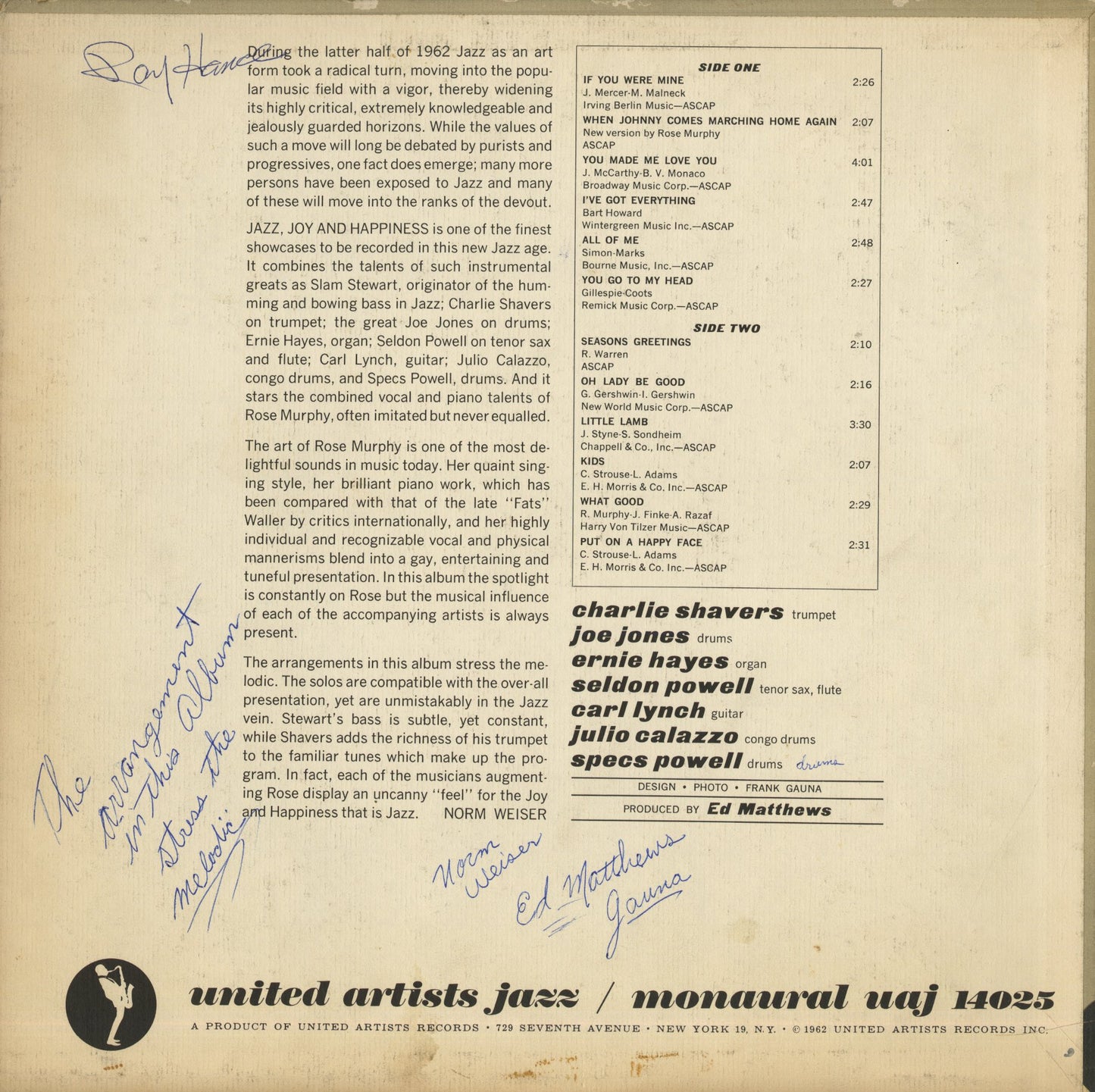Rose Murphy featuring Slam Stewart / ローズ・マーフィー　スラム・スチュワート / Jazz, Joy And Happiness (UAJ 14025)