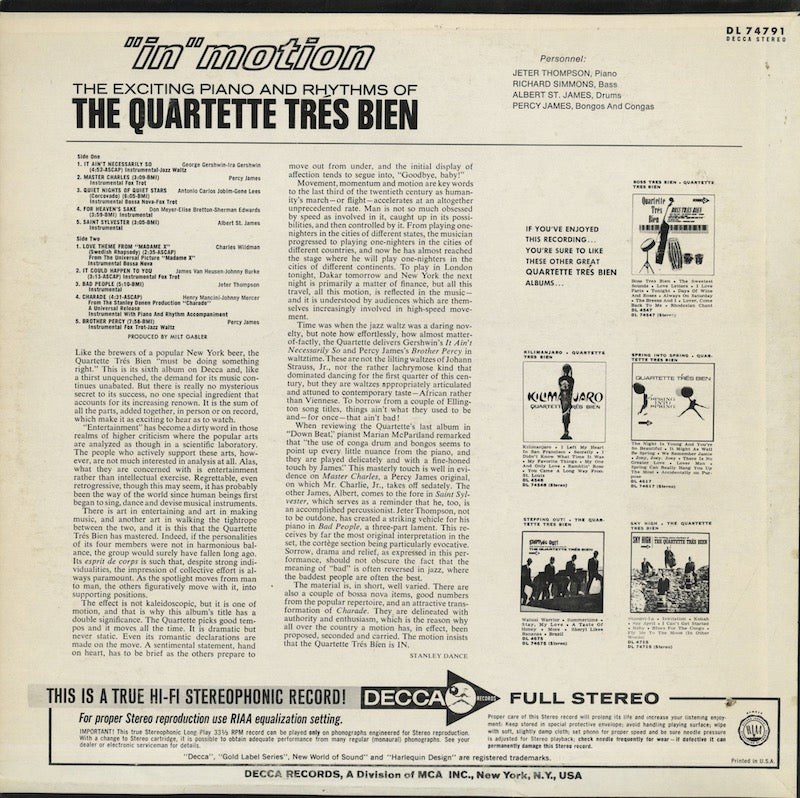 Quartette Tres Bien / カルテート・トレ・ビアン / In Motion (DL 74791)