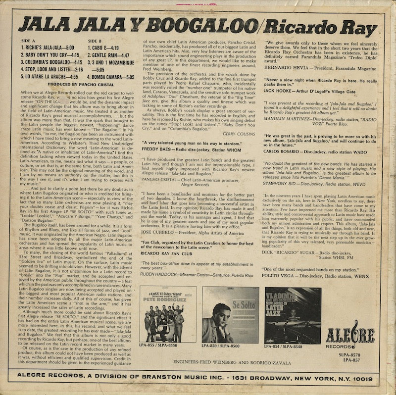 Ricardo Ray - Jala Jala Y Boogaloo (LPA 857) LP 1967 US Alegre｜中古LP