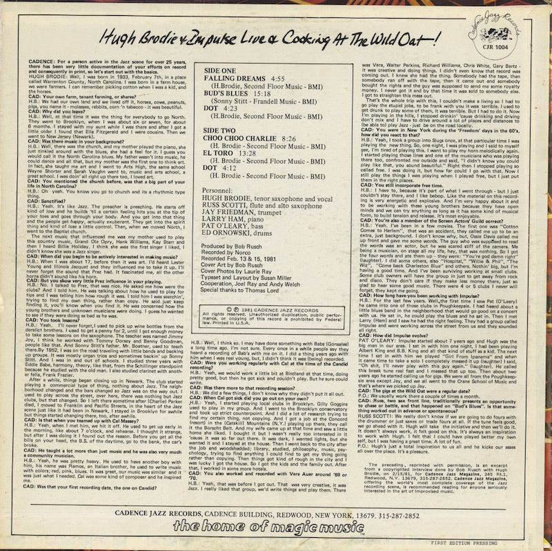 Hugh Brodie / ヒュー・ブロディー・アンド・インパルス / Live And Cooking At The Wild Oat (CJR 1004)