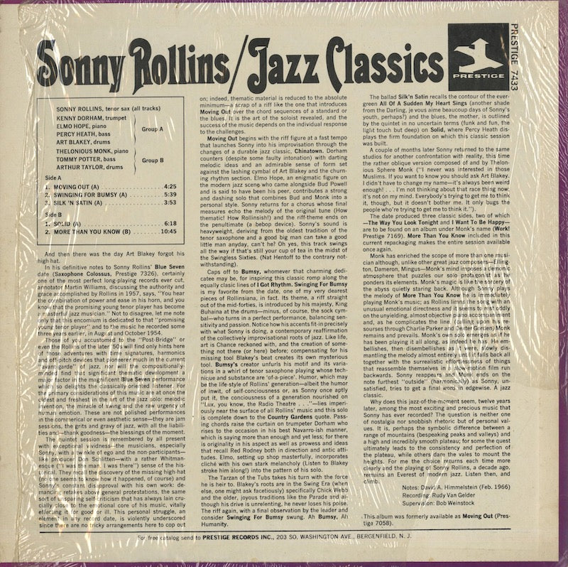 Sonny Rollins / ソニー・ロリンズ / Jazz Classics (PR7433)