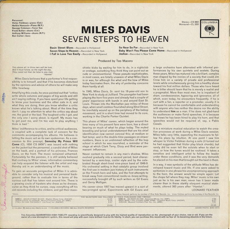 Miles Davis / マイルス・デイヴィス / Seven Steps To Heaven (CL 8851)
