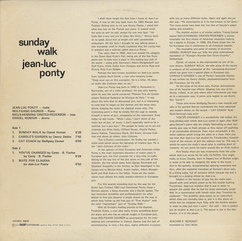 Jean Luc Ponty / ジャン・リュック・ポンティ / Sunday Walk (MB 20645)