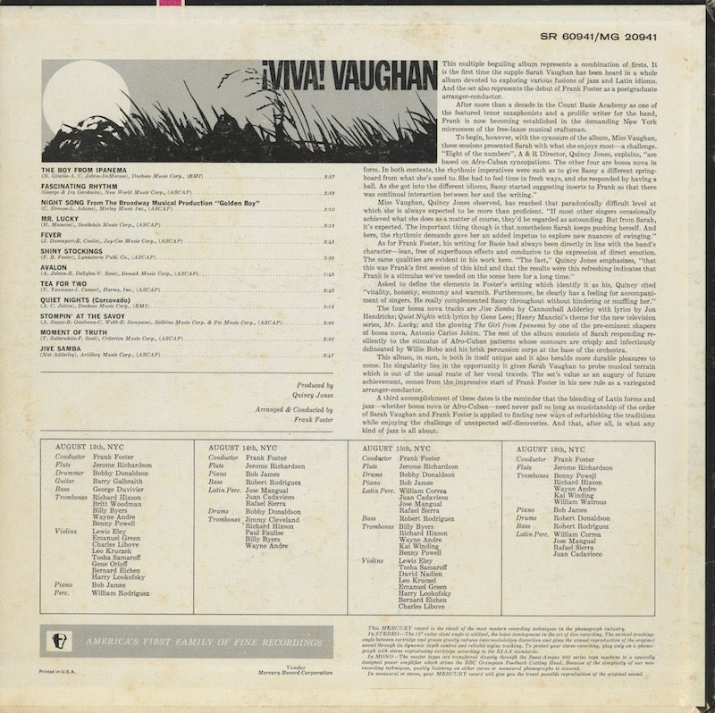 Sarah Vaughan / サラ・ヴォーン / Viva! Vaughan (SR60941)