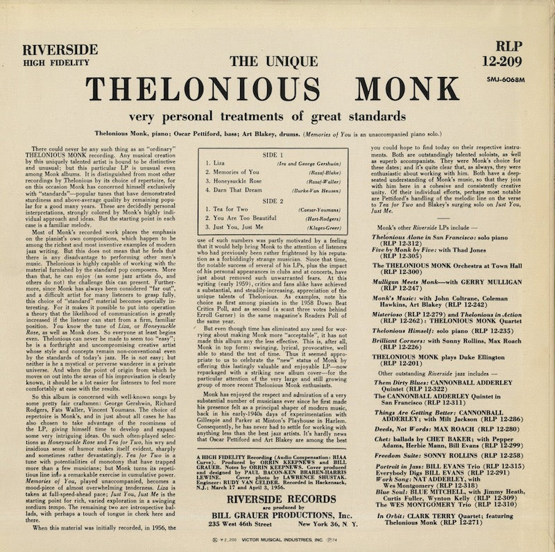 Thelonious Monk / セロニアス・モンク / The Unique (SMJ-6068M)