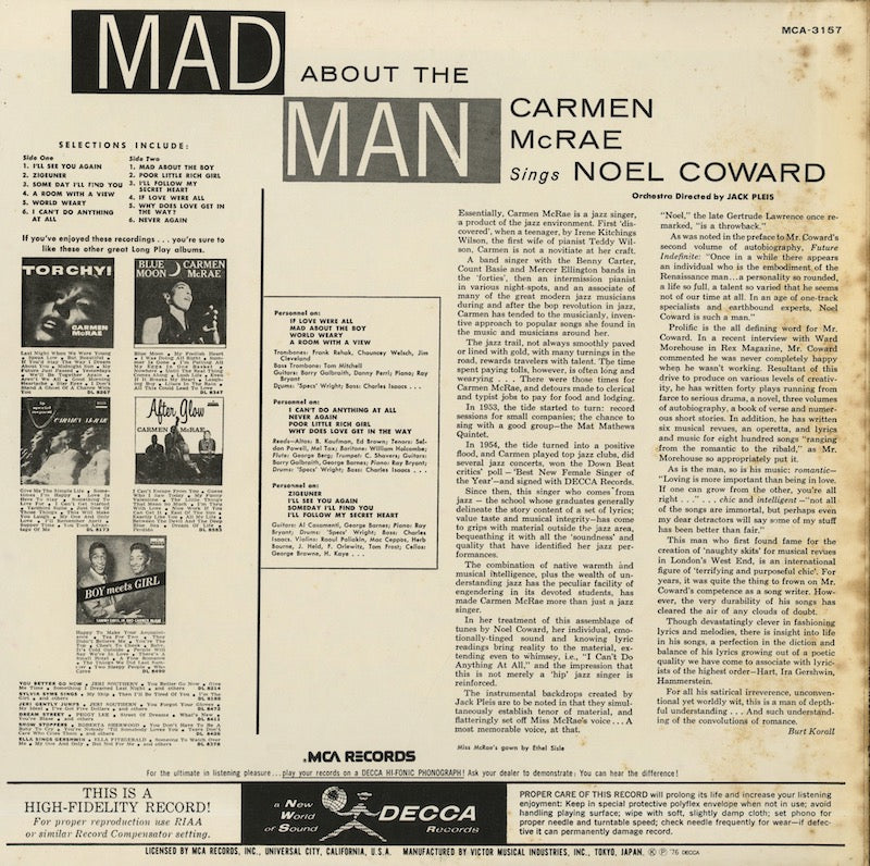Carmen McRae / カーメン・マクレー / Mad About The Man (MCA-3157)