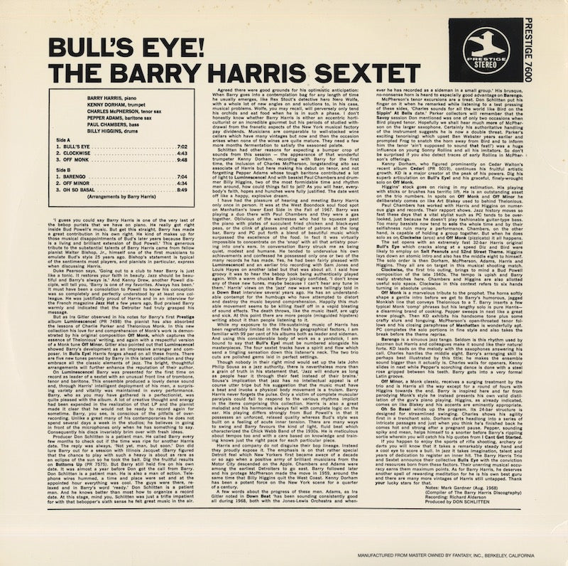 Barry Harris / バリー・ハリス / Bull's Eye! (PR 7600)