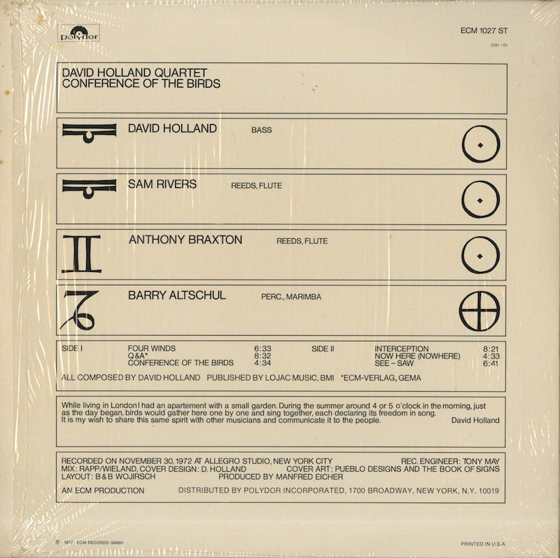 David Holland / デヴィッド・ホランド / Conference Of The Birds (ECM 1027 ST)