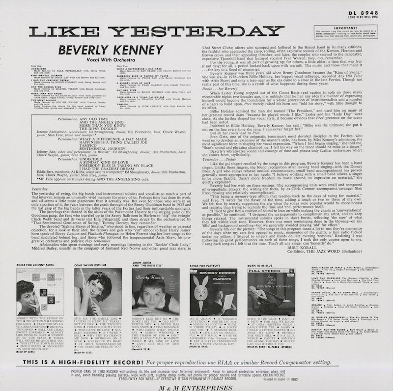 Beverly Kenny / ビヴァーリー・ケニー / Like Yesterday (DL 8948)