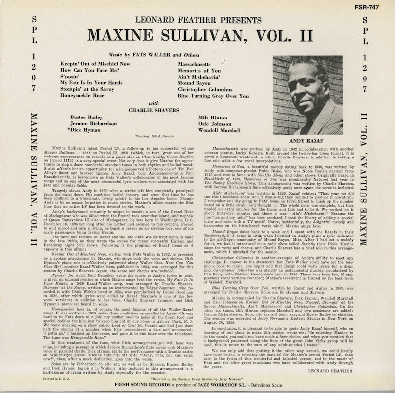 Maxine Sullivan / マキシン・サリヴァン / Leonard Feather Presents Maxine Sullivan, Vol. II (FSR-747)