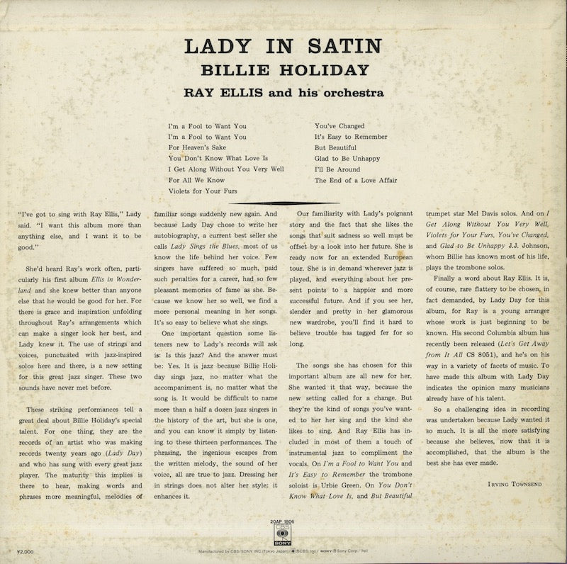 Billie Holiday / ビリー・ホリデイ / Lady In Satin (20AP 1806)