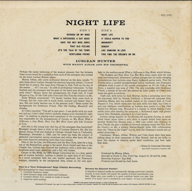 Lurlean Hunter / ラリーン・ハンター / Night Life (RJL-2700)