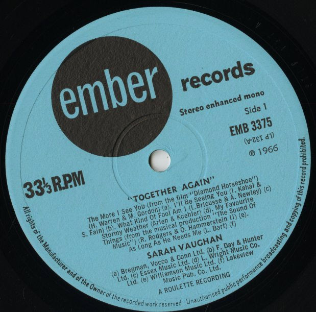 Sarah Vaughan And Billy Eckstine / サラ・ヴォーン ビリー・エクステイン / Together Again (EMB 3375)