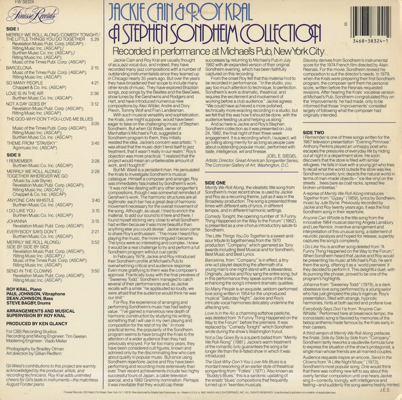 Jackie Cain & Roy Kral / ジャッキー・アンド・ロイ / A Stephen Sondheim Collection (FW 38324)
