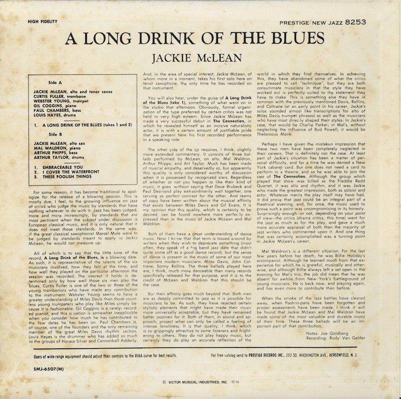 Jackie McLean / ジャッキー・マクリーン / A Long Drink Of The Blues (SMJ-6507)
